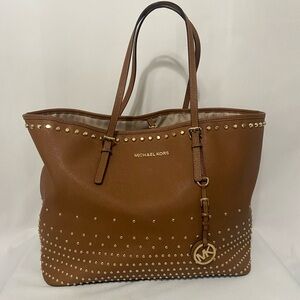 Michael Kors large brown & gold studded tote bag in saffiano leather